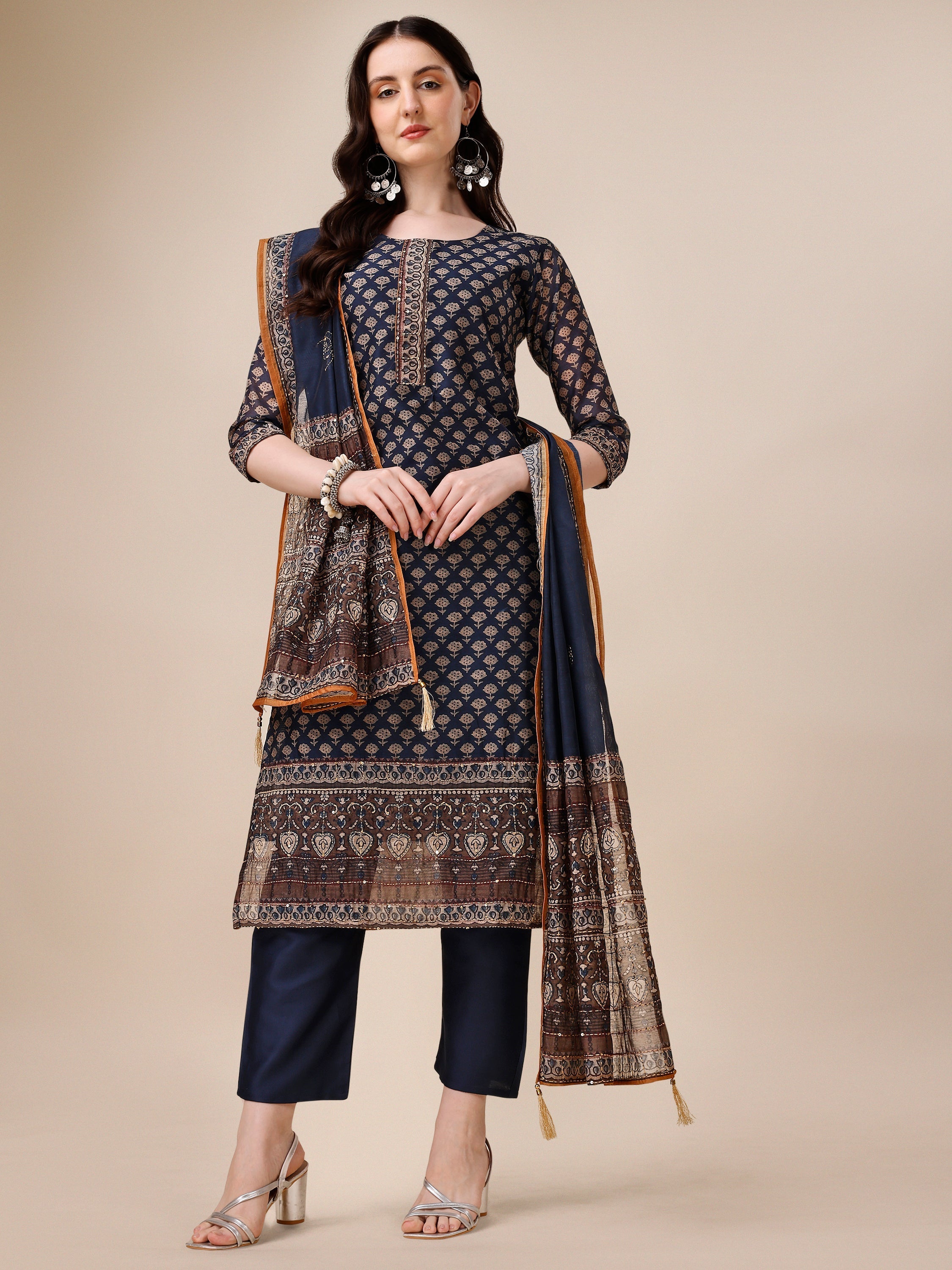 Printed Kurta With Pant And Dupatta Set, Multicolor - Hiral Fashion - Distacart
