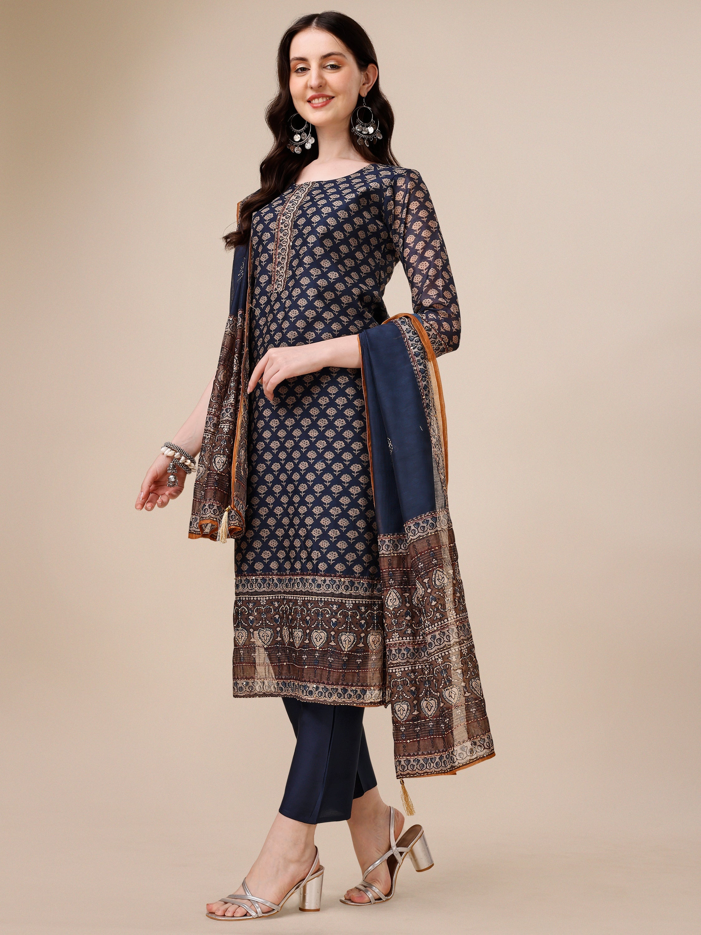 Printed Kurta With Pant And Dupatta Set, Multicolor - Hiral Fashion - Distacart