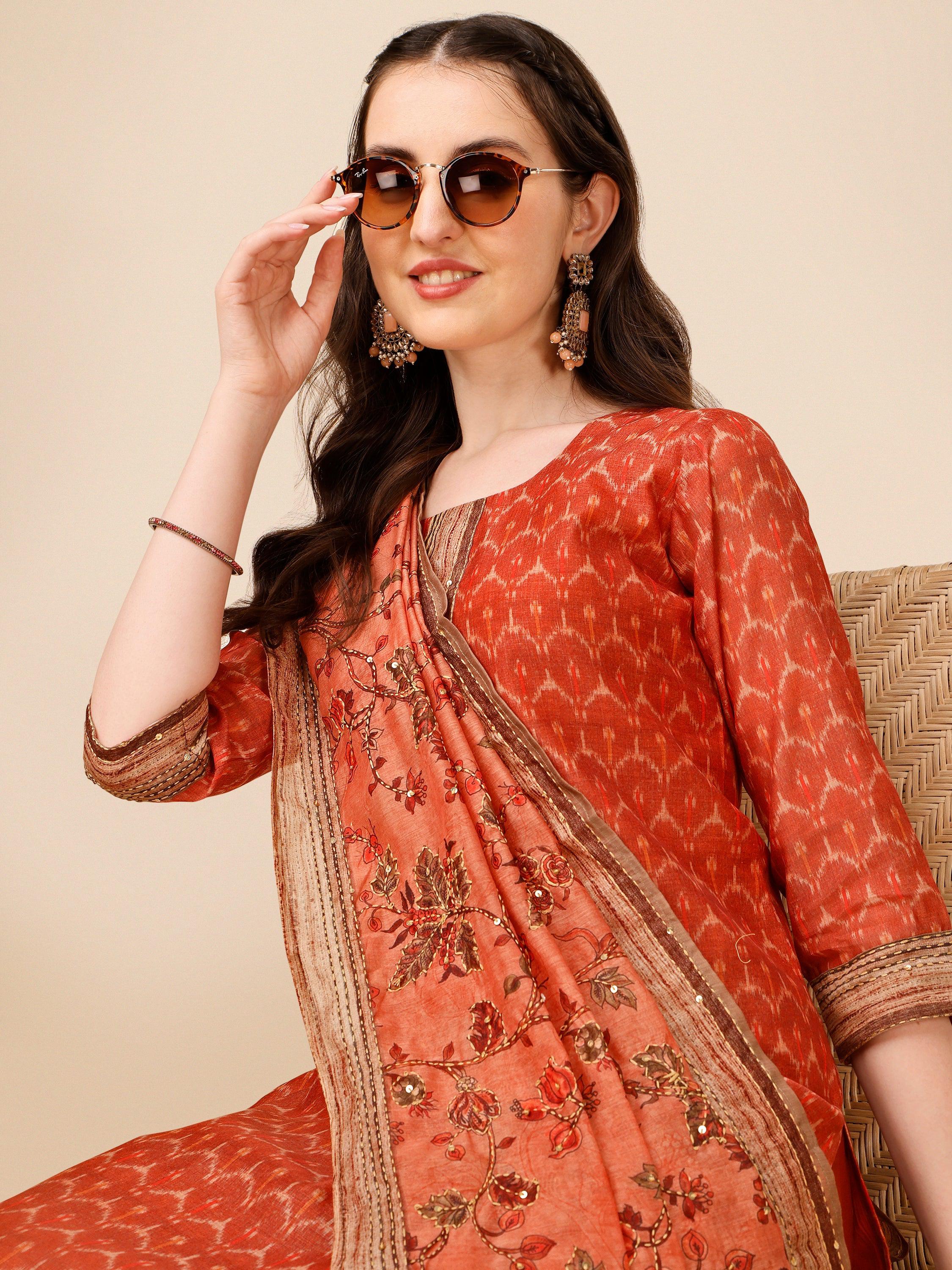 Floral Printed Kurta With Pant And Dupatta Set, Multicolor - Hiral Fashion - Distacart