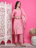 Jyoti Fashion Women's Pink Muslin Floral Print with Jari & Crystal work Kurta with Trouser & Dupatta