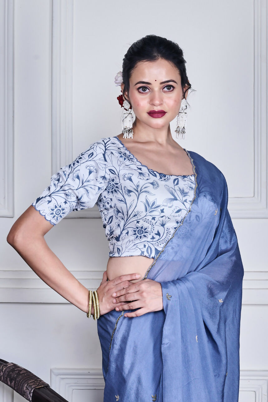 Morchari Grey Chiffon Hand Embroidery Saree And Stitched Blouse - Distacart