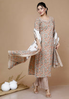 Miravan Women's Brown Floral Printed Gotta Patti Kurta With Palazzo And Dupatta Set