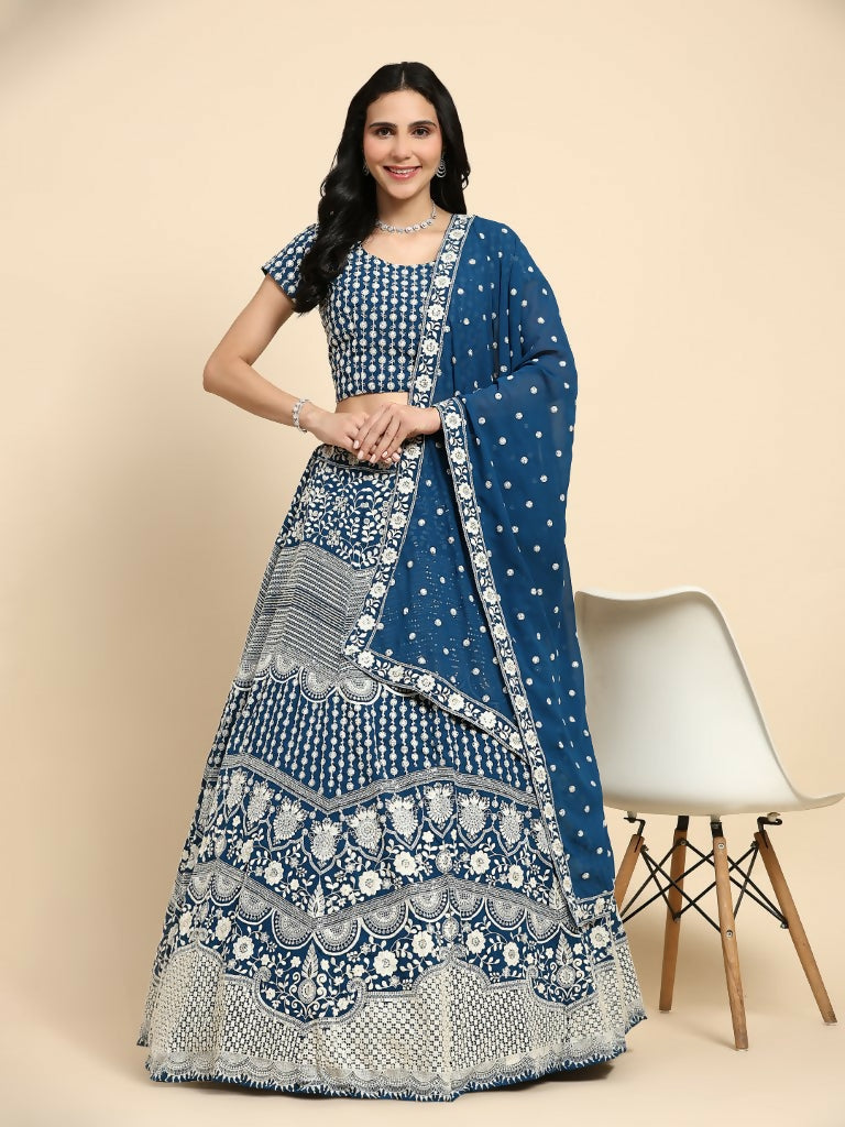 Teal Georgette Thread Embroidered Lehenga Choli with Dupatta - Tanya