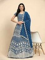 Teal Georgette Thread Embroidered Lehenga Choli with Dupatta - Tanya