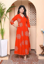 Miravan Womens Orange V-Neck Printed Anarkali Style Kurta - Distacart