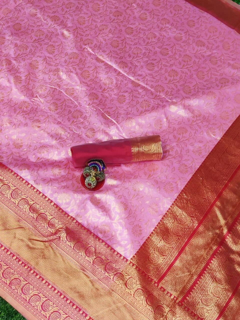 DEIANA'S Beautiful Designer Golden zari Soft Lichi Silk Saree - Pink
