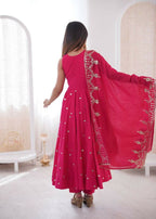 Teeya Creation Pink Color Roman Silk Embroidery Work Party Wear Gown - Distacart