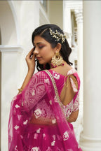 Aastha Fashion Dark Pink Butterfly Net White Cotton Thread Work And Sequence Work Embroidery Wedding Wear Lehenga Choli