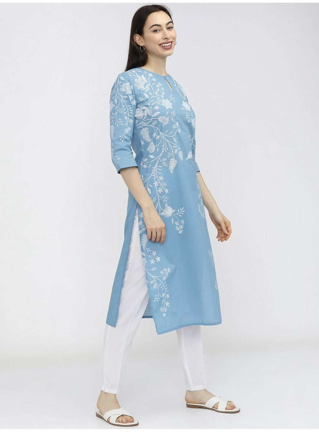 Cheera Women Stylish Hand Block Printed Cotton Blend Flared Kurta - Sky Blue
