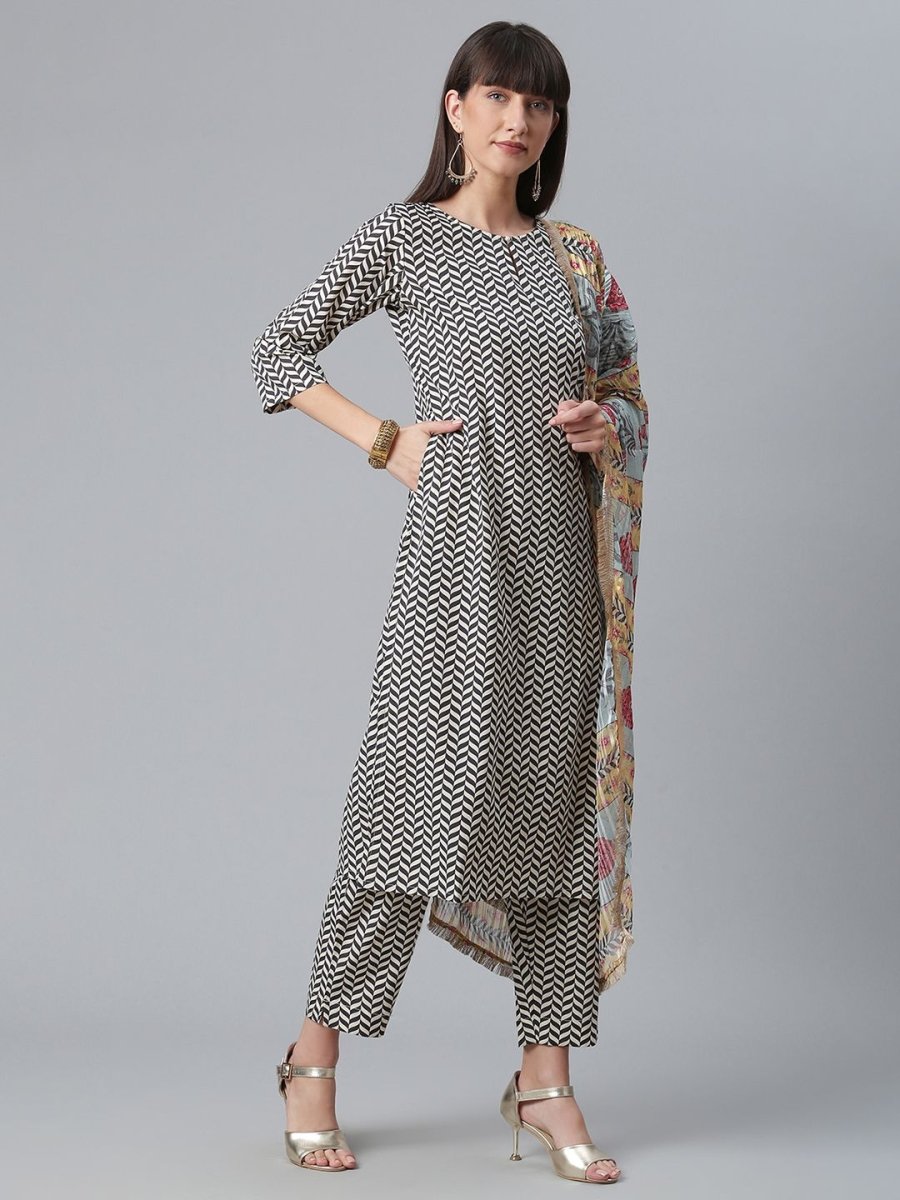Ahalyaa Black & White Digital Print Crepe Kurta and Pant With Dupatta Set - Distacart