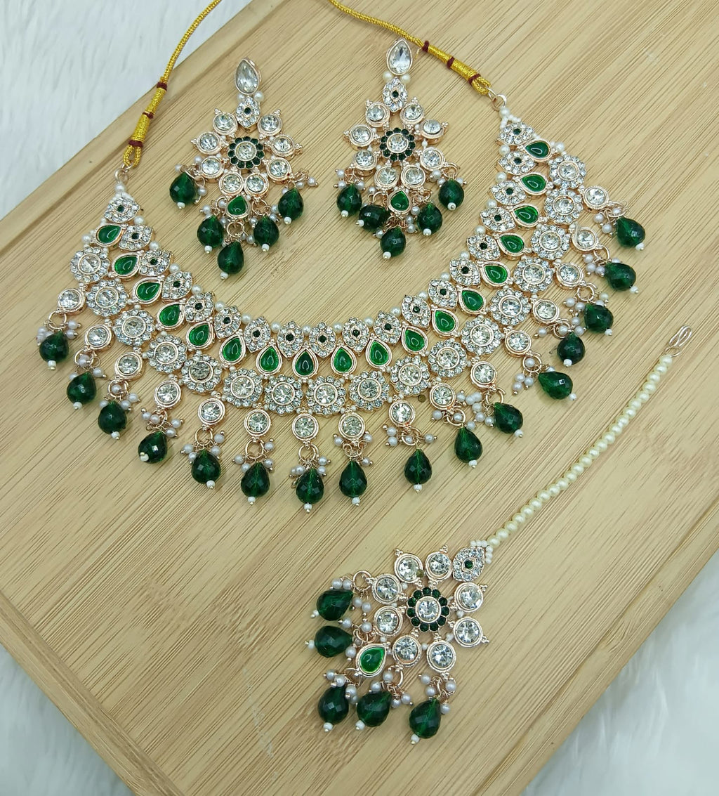 Jewel City Royal Green Stone Bridal Necklace Set for Women | Traditional Gold-Plated Ethnic Indian Jewelry