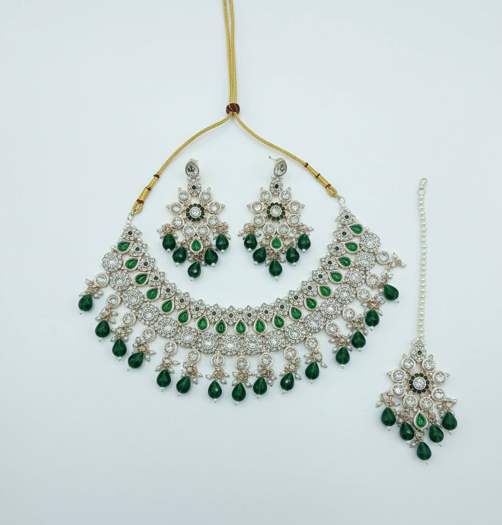Jewel City Royal Green Stone Bridal Necklace Set for Women | Traditional Gold-Plated Ethnic Indian Jewelry