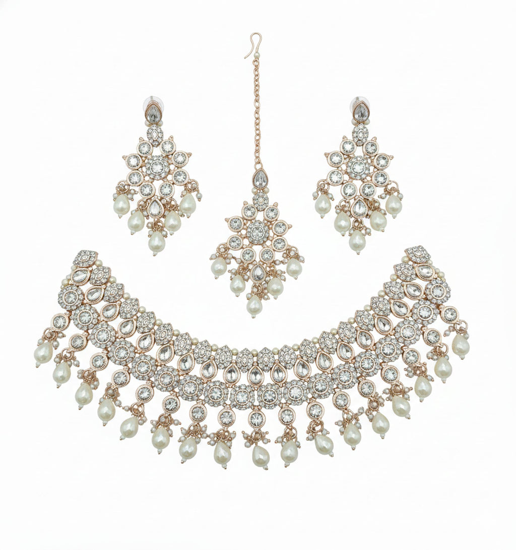 Jewel City White Stone Bridal Necklace Set for Women | Traditional Gold-Plated Ethnic Indian Jewelry