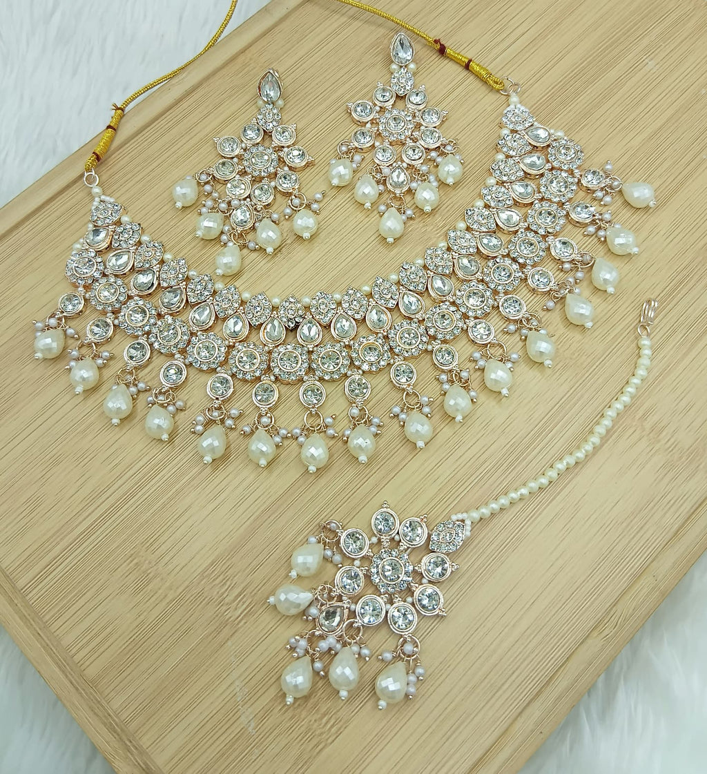 Jewel City White Stone Bridal Necklace Set for Women | Traditional Gold-Plated Ethnic Indian Jewelry