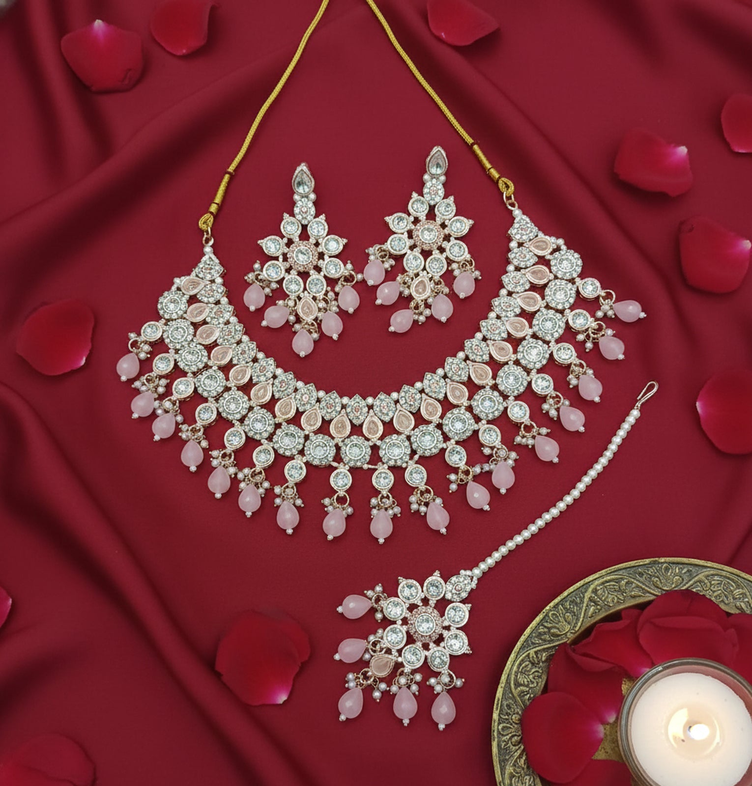 Jewel City Pink Stone Bridal Necklace Set for Women | Traditional Gold-Plated Ethnic Indian Jewelry