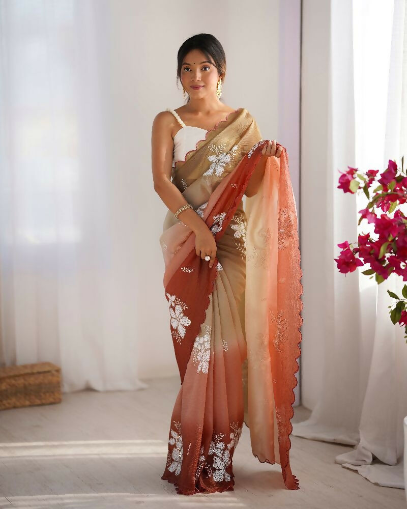 Choco and Orange Crunchy Crush Pedding Color Embroidery Work Party Wear Saree - Zuleika