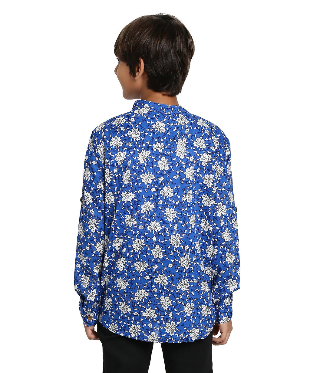 Manet Boys Full Sleeves Flower Printed Ethnic Shirt - Blue