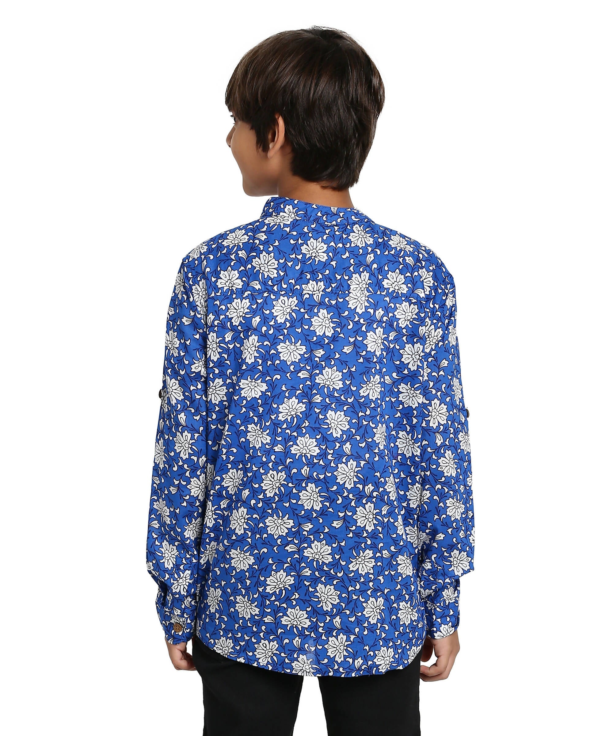 Manet Boys Full Sleeves Flower Printed Ethnic Shirt - Blue