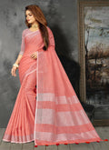 Shree Shyam Fashion Elegant Peach Woven Linen Saree with Contrast Zari Border & Tassels - Soft & Breathable Party Wear - Distacart