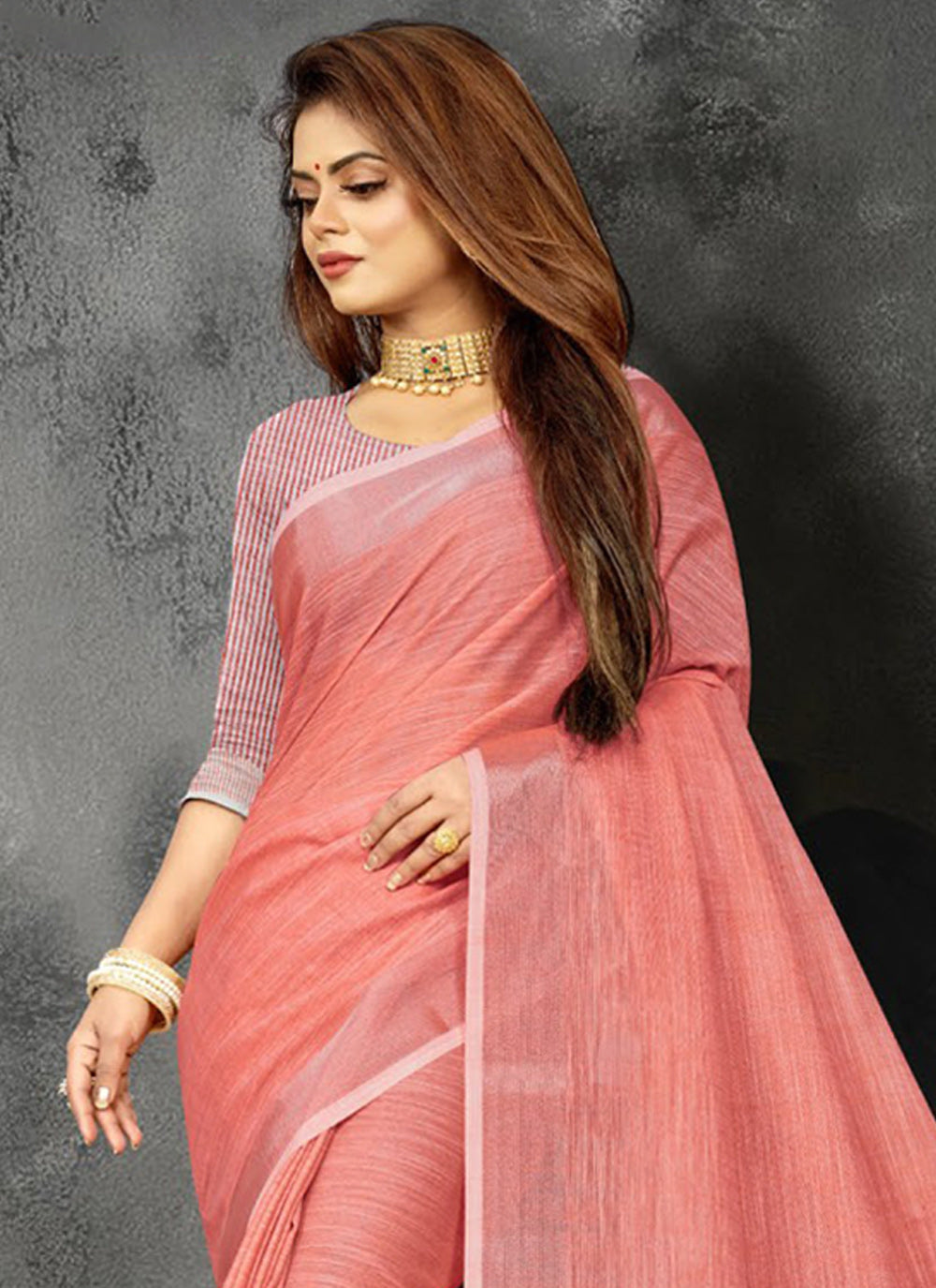 Shree Shyam Fashion Elegant Peach Woven Linen Saree with Contrast Zari Border & Tassels - Soft & Breathable Party Wear - Distacart