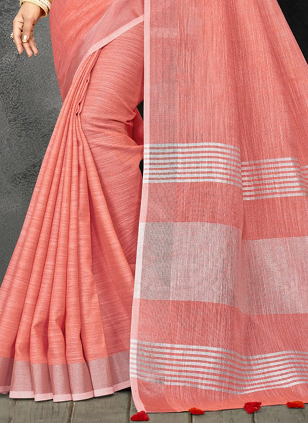 Shree Shyam Fashion Elegant Peach Woven Linen Saree with Contrast Zari Border & Tassels - Soft & Breathable Party Wear - Distacart