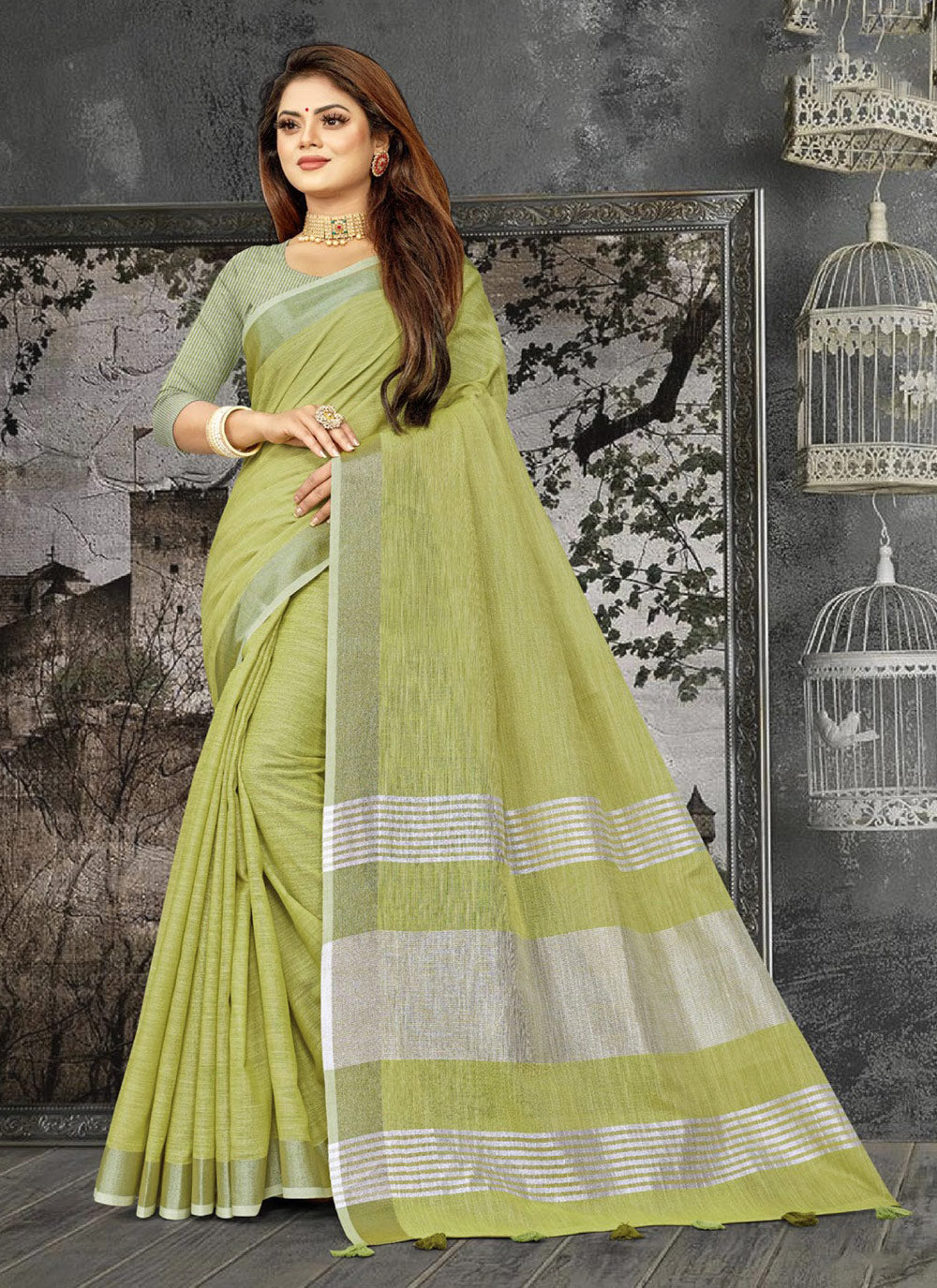 Shree Shyam Fashion Elegant Olive Green Woven Linen Saree with Contrast Zari Border & Tassels - Soft & Breathable Party Wear - Distacart
