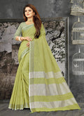 Shree Shyam Fashion Elegant Olive Green Woven Linen Saree with Contrast Zari Border & Tassels - Soft & Breathable Party Wear - Distacart