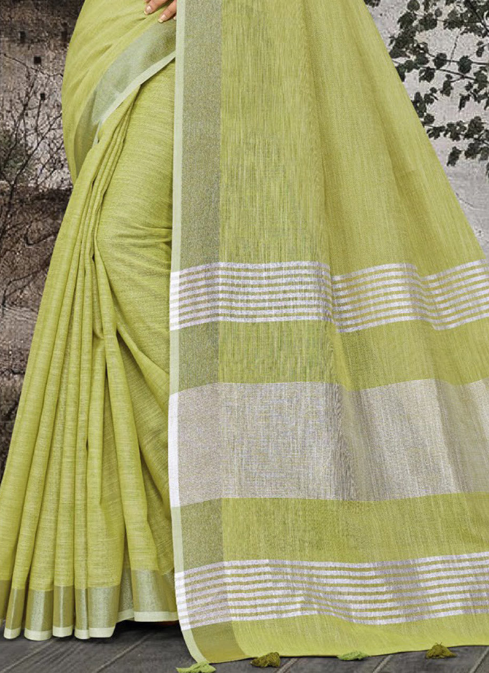 Shree Shyam Fashion Elegant Olive Green Woven Linen Saree with Contrast Zari Border & Tassels - Soft & Breathable Party Wear - Distacart