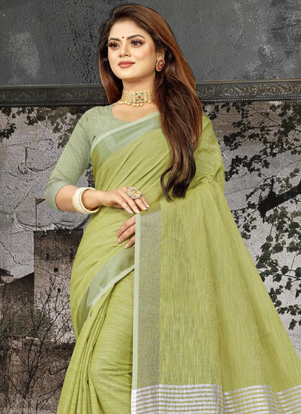 Shree Shyam Fashion Elegant Olive Green Woven Linen Saree with Contrast Zari Border & Tassels - Soft & Breathable Party Wear - Distacart