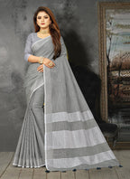 Shree Shyam Fashion Elegant Light Grey Woven Linen Saree with Contrast Zari Border & Tassels - Soft & Breathable Party Wear - Distacart
