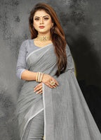 Shree Shyam Fashion Elegant Light Grey Woven Linen Saree with Contrast Zari Border & Tassels - Soft & Breathable Party Wear - Distacart