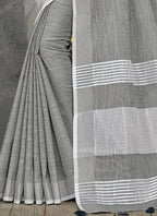 Shree Shyam Fashion Elegant Light Grey Woven Linen Saree with Contrast Zari Border & Tassels - Soft & Breathable Party Wear - Distacart