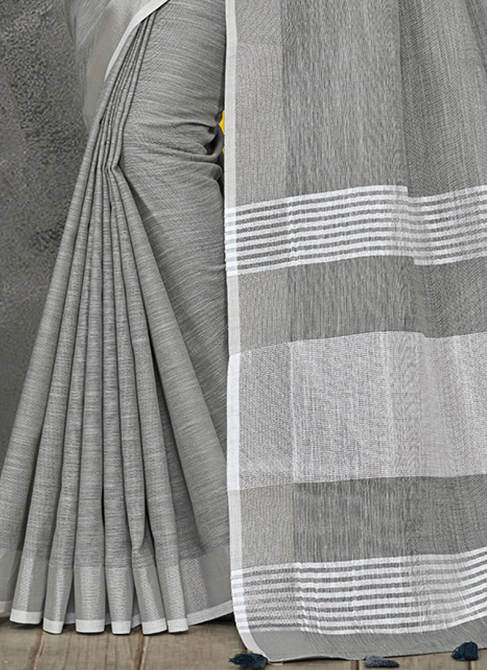 Shree Shyam Fashion Elegant Light Grey Woven Linen Saree with Contrast Zari Border & Tassels - Soft & Breathable Party Wear - Distacart