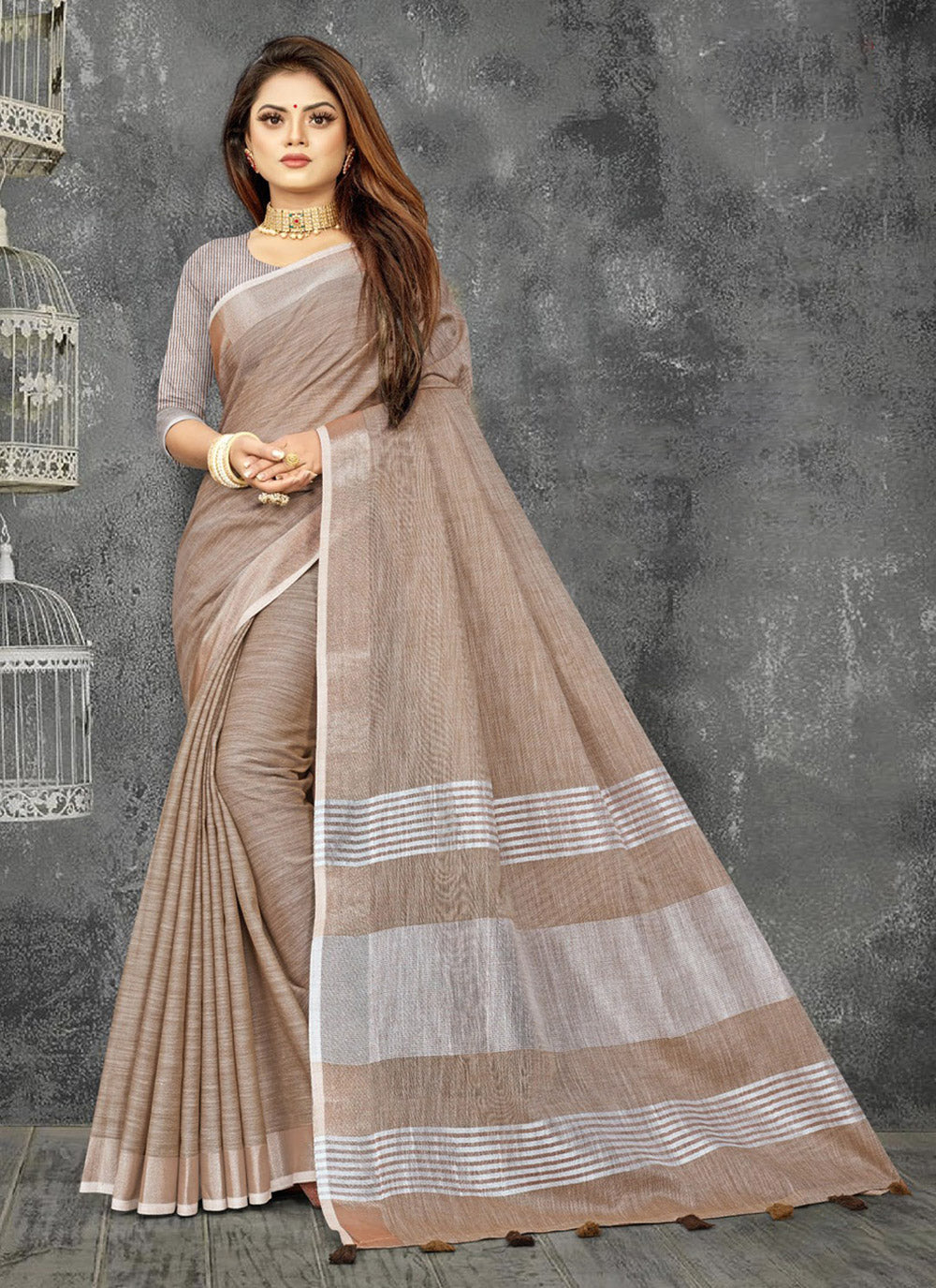 Shree Shyam Fashion Elegant Beige Woven Linen Saree with Contrast Zari Border & Tassels - Soft & Breathable Party Wear - Distacart