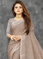 Shree Shyam Fashion Elegant Beige Woven Linen Saree with Contrast Zari Border & Tassels - Soft & Breathable Party Wear - Distacart