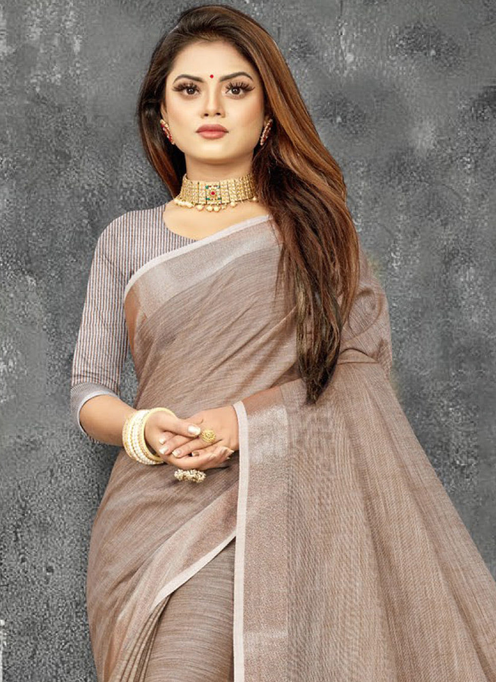Shree Shyam Fashion Elegant Beige Woven Linen Saree with Contrast Zari Border & Tassels - Soft & Breathable Party Wear - Distacart
