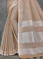 Shree Shyam Fashion Elegant Beige Woven Linen Saree with Contrast Zari Border & Tassels - Soft & Breathable Party Wear - Distacart