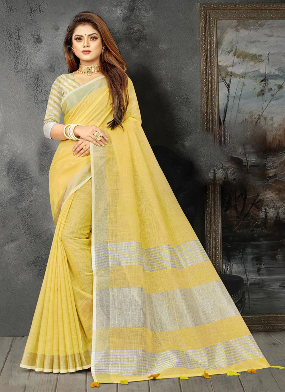 Shree Shyam Fashion Elegant Yellow Woven Linen Saree with Contrast Zari Border & Tassels - Soft & Breathable Party Wear - Distacart