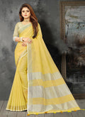 Shree Shyam Fashion Elegant Yellow Woven Linen Saree with Contrast Zari Border & Tassels - Soft & Breathable Party Wear - Distacart