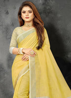 Shree Shyam Fashion Elegant Yellow Woven Linen Saree with Contrast Zari Border & Tassels - Soft & Breathable Party Wear - Distacart