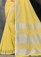 Shree Shyam Fashion Elegant Yellow Woven Linen Saree with Contrast Zari Border & Tassels - Soft & Breathable Party Wear - Distacart