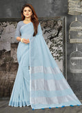Shree Shyam Fashion Elegant Sky Blue Woven Linen Saree with Contrast Zari Border & Tassels - Soft & Breathable Party Wear - Distacart