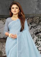 Shree Shyam Fashion Elegant Sky Blue Woven Linen Saree with Contrast Zari Border & Tassels - Soft & Breathable Party Wear - Distacart