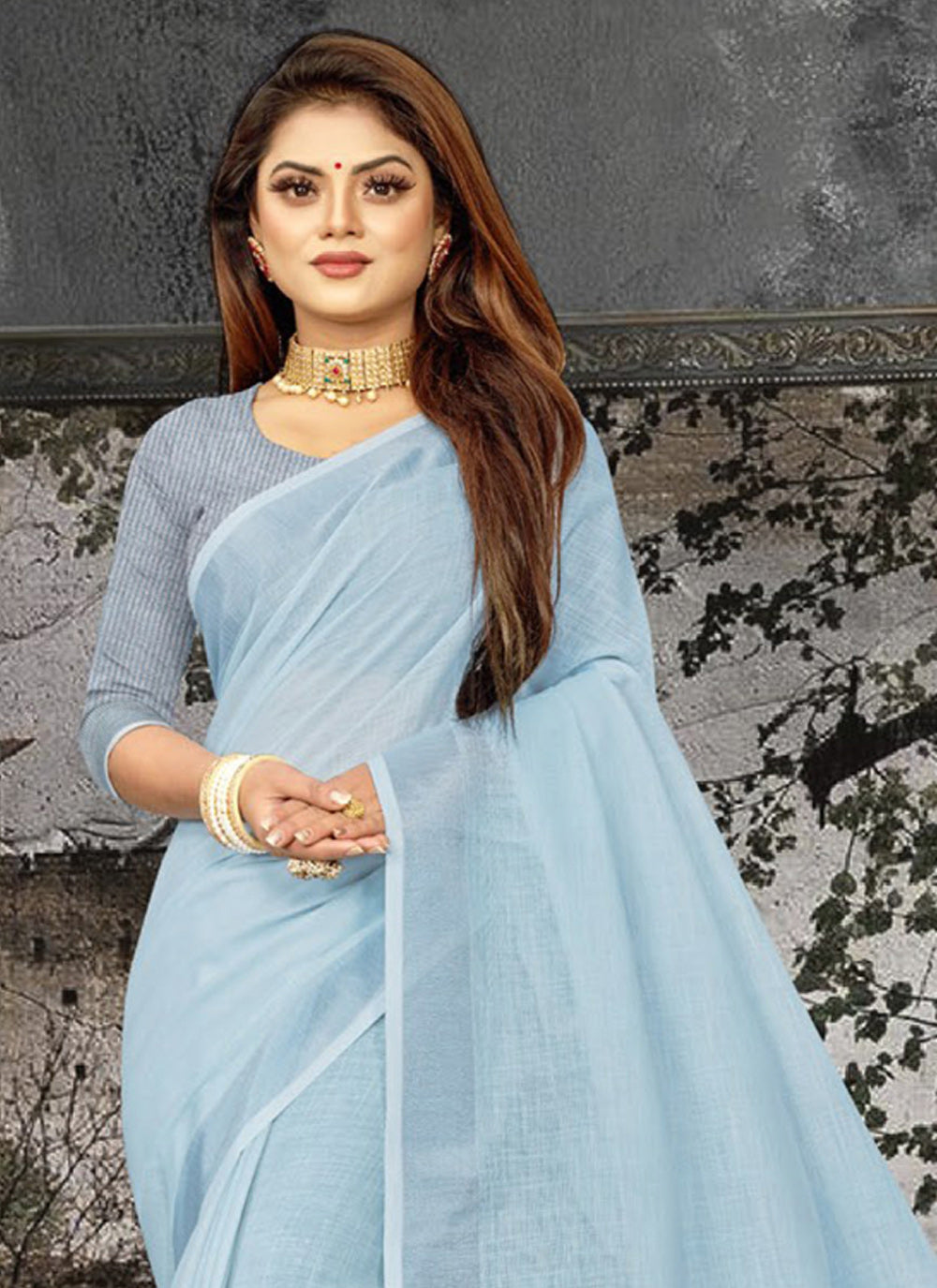 Shree Shyam Fashion Elegant Sky Blue Woven Linen Saree with Contrast Zari Border & Tassels - Soft & Breathable Party Wear - Distacart
