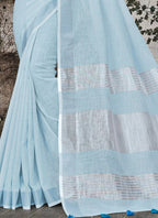 Shree Shyam Fashion Elegant Sky Blue Woven Linen Saree with Contrast Zari Border & Tassels - Soft & Breathable Party Wear - Distacart