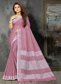 Shree Shyam Fashion Elegant Mauve Woven Linen Saree with Contrast Zari Border & Tassels - Soft & Breathable Party Wear - Distacart