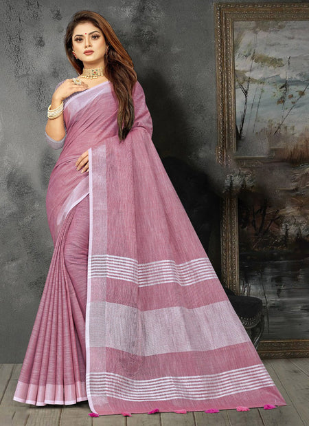 Shree Shyam Fashion Elegant Mauve Woven Linen Saree with Contrast Zari Border & Tassels - Soft & Breathable Party Wear