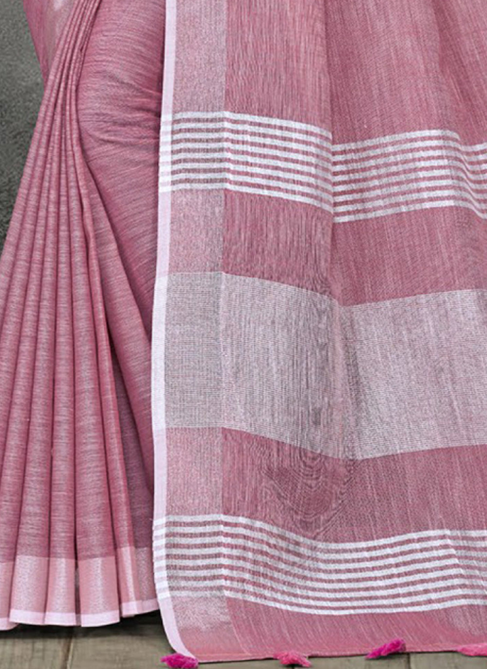 Shree Shyam Fashion Elegant Mauve Woven Linen Saree with Contrast Zari Border & Tassels - Soft & Breathable Party Wear - Distacart