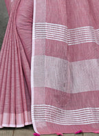 Shree Shyam Fashion Elegant Mauve Woven Linen Saree with Contrast Zari Border & Tassels - Soft & Breathable Party Wear - Distacart