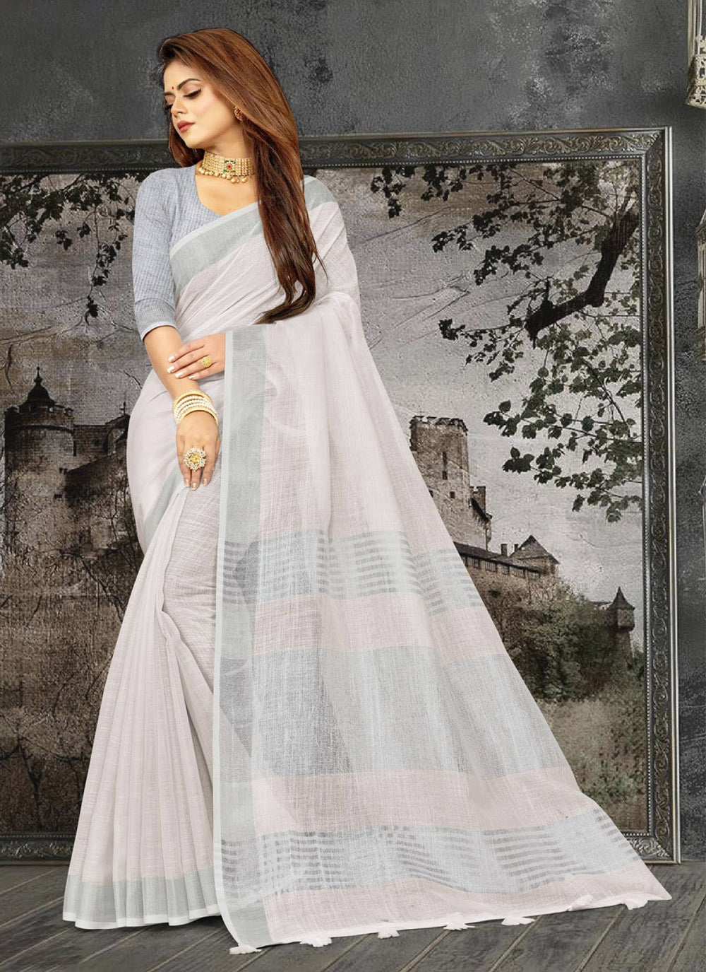 Shree Shyam Fashion Elegant White Woven Linen Saree with Contrast Zari Border & Tassels - Soft & Breathable Party Wear - Distacart